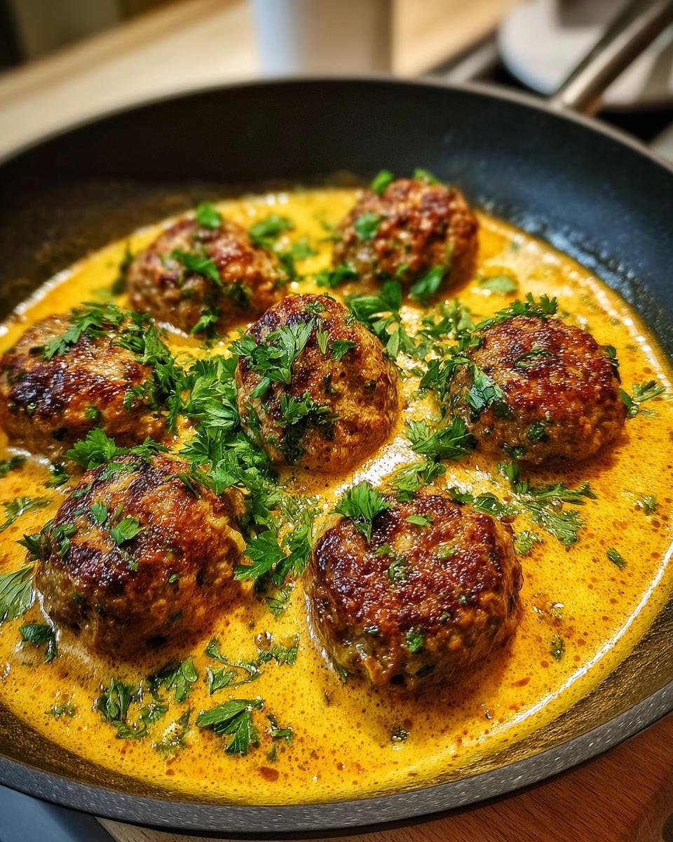 Griechische Fleischbällchen in Zitronensauce, serviert in einer Pfanne und mit frischer Petersilie garniert.