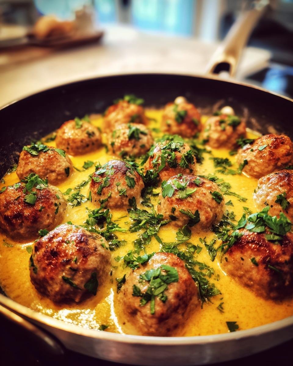 Griechische Fleischbällchen in Zitronensauce, serviert in einer Pfanne und mit Petersilie garniert.