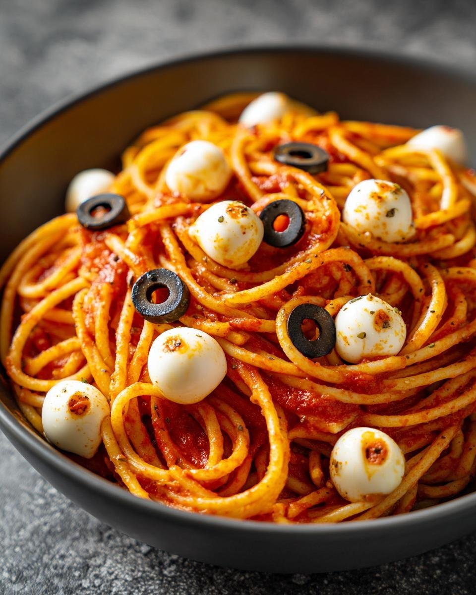 Gruselig leckere Halloween Pasta mit Mozzarella-Augäpfeln und Oliven in einer Schüssel.
