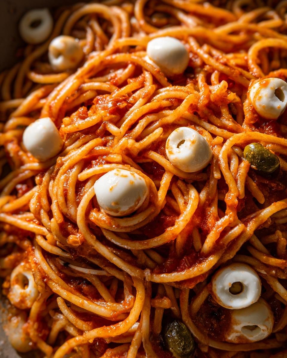 Close-up of Gruselig leckere Halloween Pasta mit Mozzarella-Augäpfeln. Pasta with tomato sauce and mozzarella eyeballs.