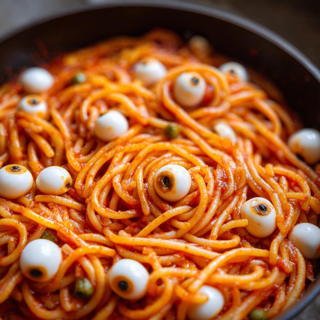 Close-up of Gruselig leckere Halloween Pasta mit Mozzarella-Augäpfeln in a pan, featuring spaghetti and mozzarella eyeballs.