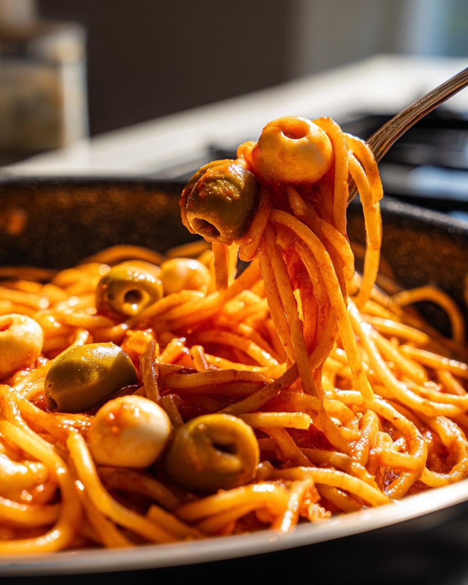 Close-up of Gruselig leckere Halloween Pasta mit Mozzarella-Augäpfeln on a fork, featuring spaghetti, tomato sauce, olives, and mozzarella balls.