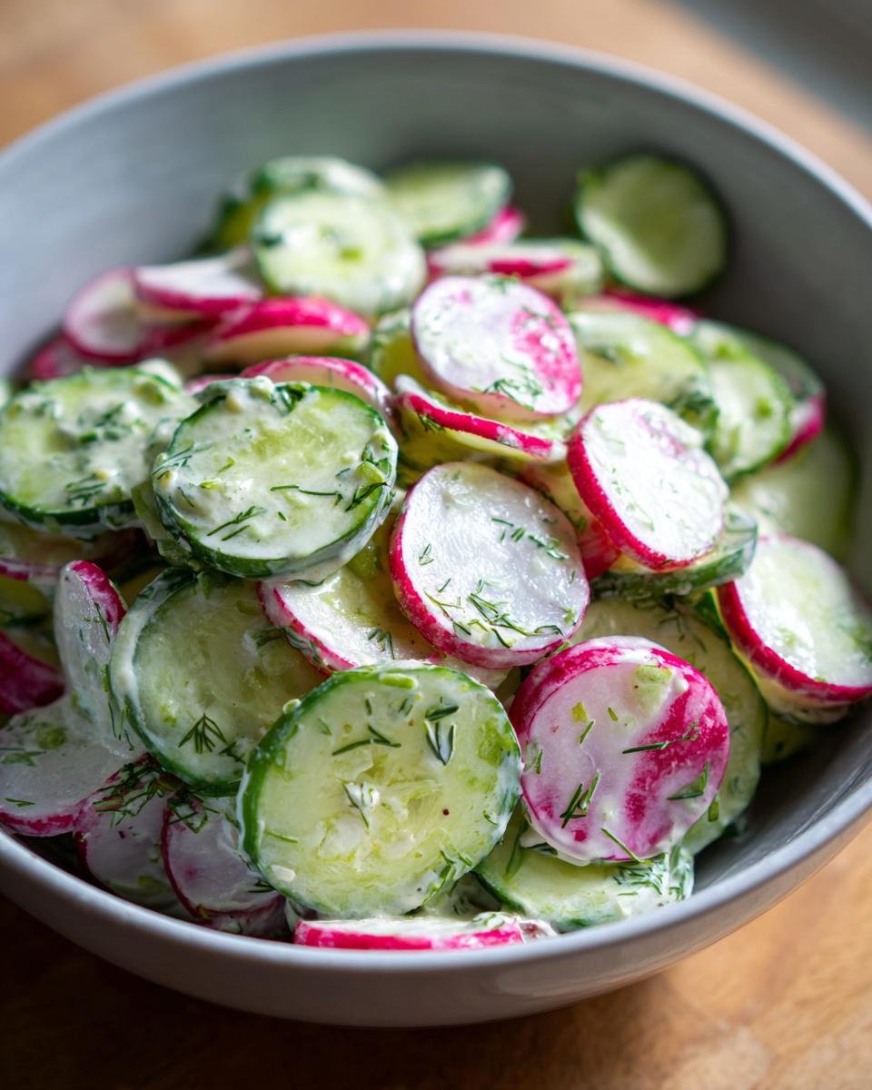 Close-up of Blitzschneller Gurken-Radieschen-Salat mit Dill-Joghurt in a bowl, showing cucumber, radishes, and creamy dill dressing.