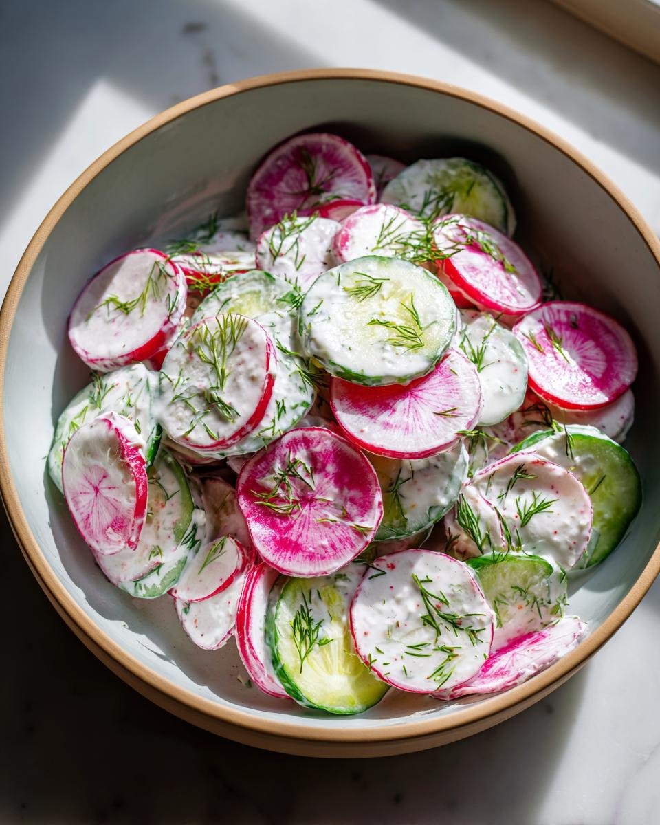 Overhead view of Blitzschneller Gurken-Radieschen-Salat mit Dill-Joghurt in a bowl, showing cucumber, radish, and dill.