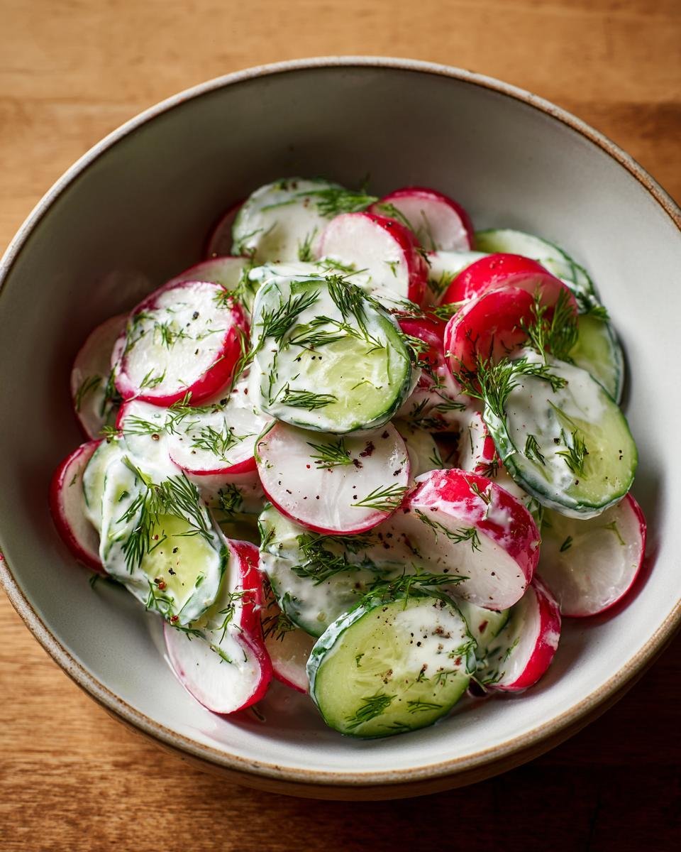 Close-up of Blitzschneller Gurken-Radieschen-Salat mit Dill-Joghurt in a bowl.