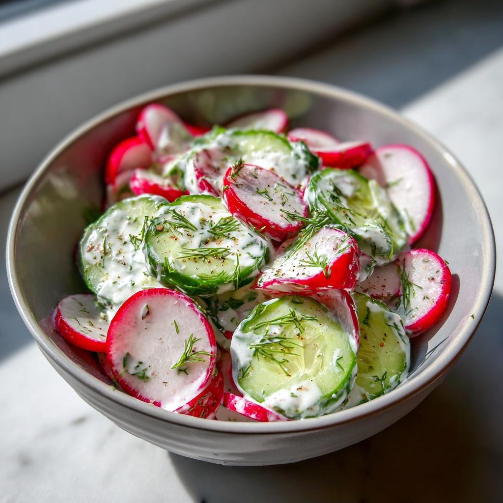 Bowl of Blitzschneller Gurken-Radieschen-Salat mit Dill-Joghurt. Cucumber and radish salad with dill yogurt dressing.