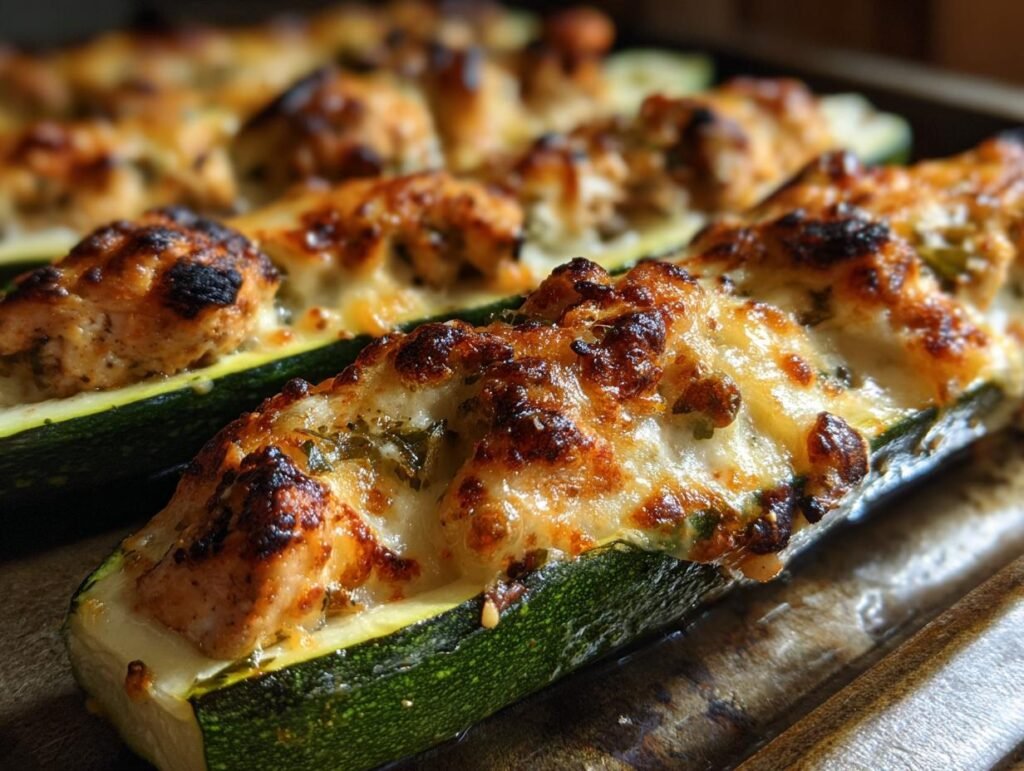 Nahaufnahme von Hähnchen-Parmesan-Zucchini-Boote, frisch aus dem Ofen, mit geschmolzenem Käse.