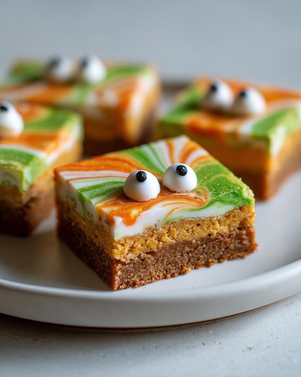 Close-up of Halloween Brownies decorated with green, orange, and white swirls and candy eyes.