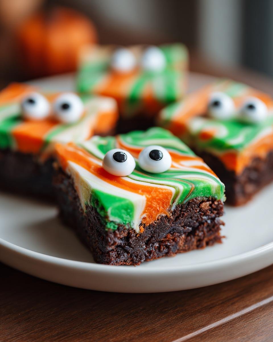 Close-up of Halloween Brownies decorated with orange, green, and white frosting and candy eyes.