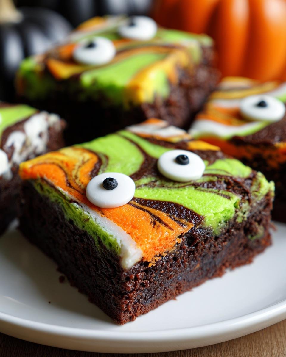Close-up of Halloween Brownies with spooky green, orange swirl frosting and candy eyes.