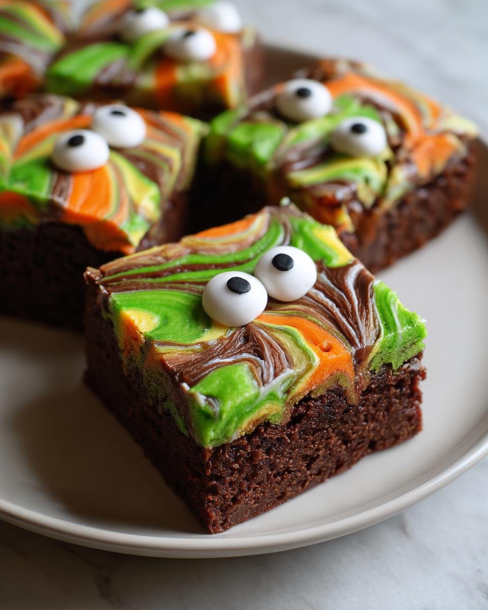 Close-up of Halloween Brownies with spooky candy eyes and colorful frosting. Einfach, Schnell & Gruselig Lecker!