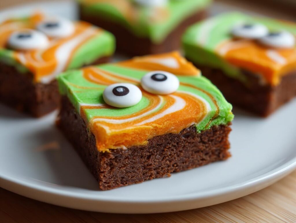 Close-up of Halloween Brownies decorated with orange, green, and white frosting swirls and candy eyes.