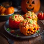 Halloween Gefüllte Paprika mit Huhn & Reis: Stuffed peppers carved with jack-o'-lantern faces, filled with chicken and rice.
