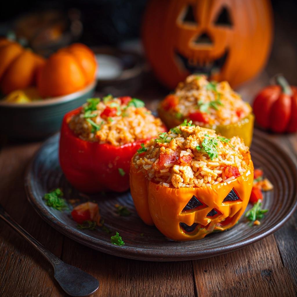 Halloween Gefüllte Paprika mit Huhn & Reis: Stuffed peppers carved with jack-o'-lantern faces, filled with chicken and rice.