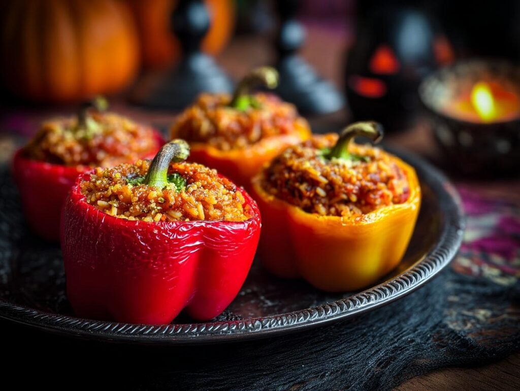 Festive Halloween Gefüllte Paprika mit Huhn & Reis on a decorative plate, ready to serve.