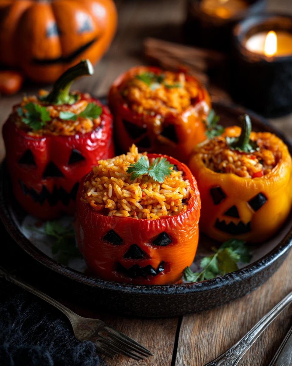 Halloween Gefüllte Paprika mit Huhn & Reis: Jack-o'-lantern bell peppers filled with chicken and rice on a rustic wooden table.
