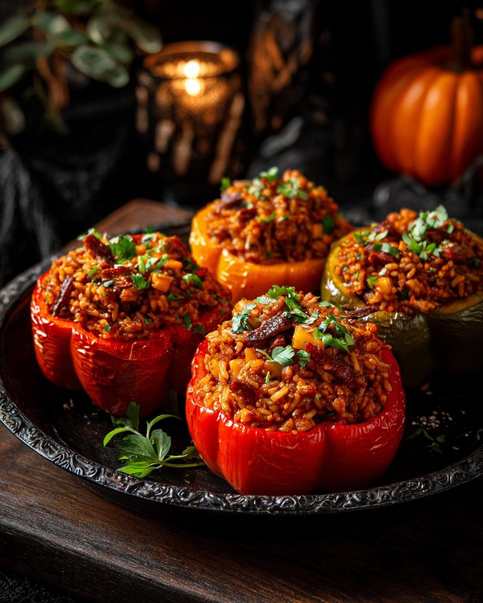 Halloween Gefüllte Paprika mit Huhn & Reis, arranged on a decorative plate with Halloween decor.