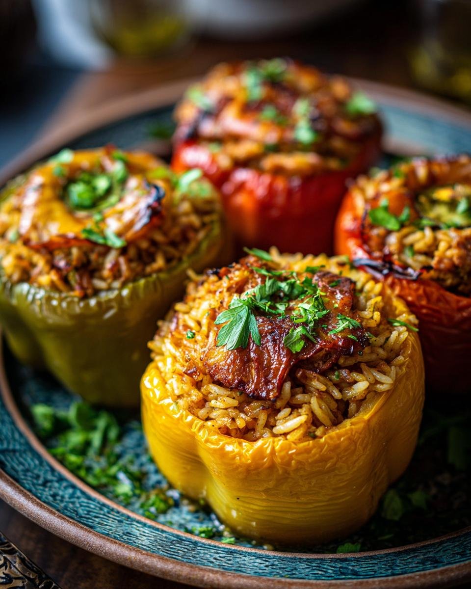 Colorful Halloween Gefüllte Paprika mit Huhn & Reis on a plate, garnished with parsley.