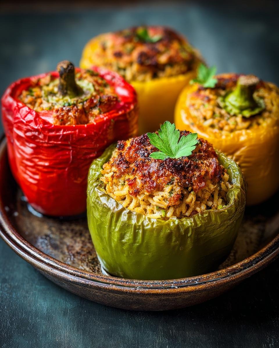 Colorful Halloween Gefüllte Paprika mit Huhn & Reis on a plate, garnished with parsley.