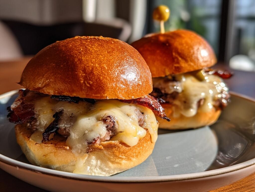 Zwei Halloween Kürbis-förmige Sliders mit geschmolzenem Käse und Speck auf einem Teller.