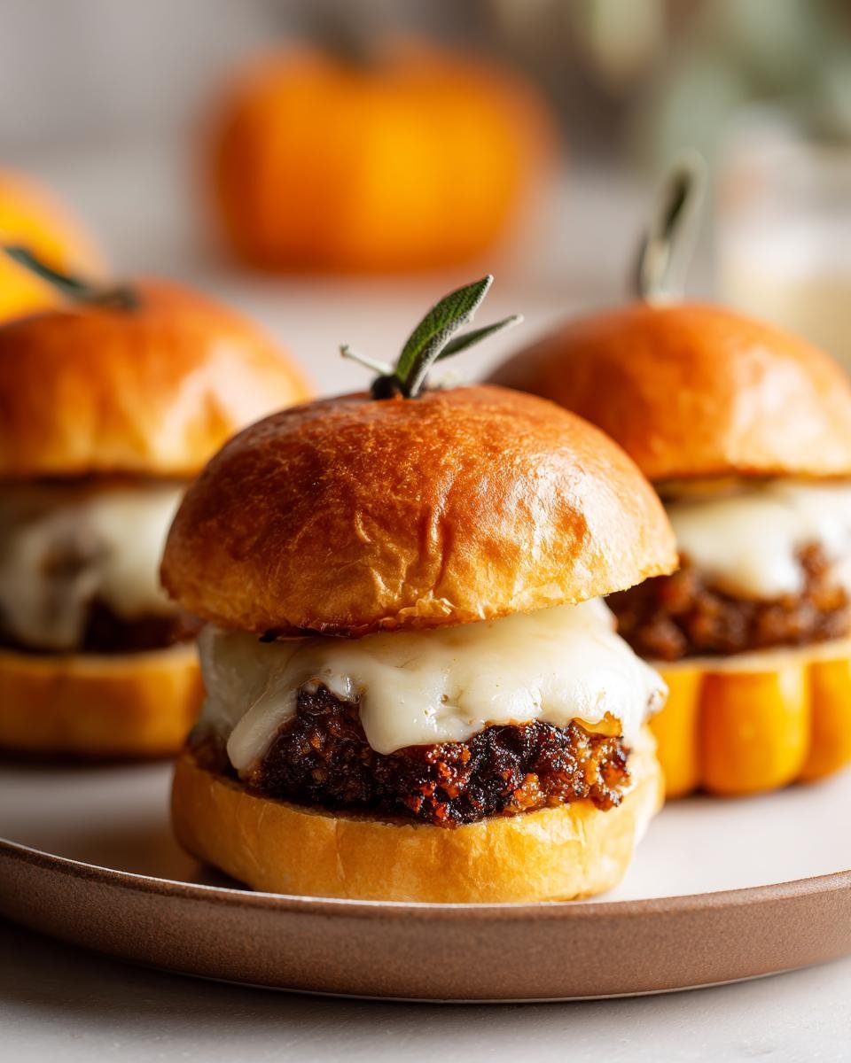 Close-up of Halloween Kürbis-förmige Sliders with cheese and a sage leaf garnish.