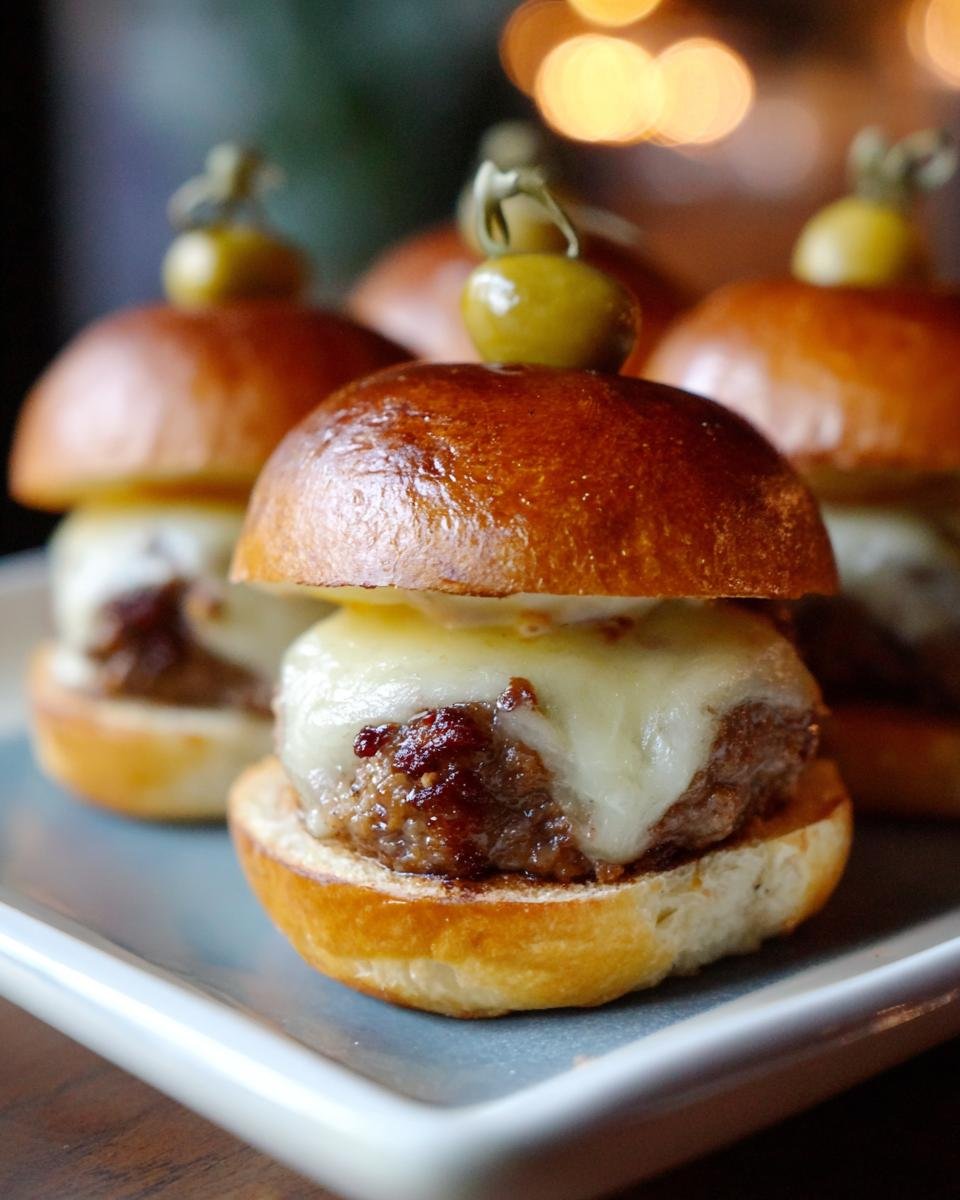 Nahaufnahme von Halloween Kürbis-förmige Sliders mit geschmolzenem Käse und Olive als Dekoration.