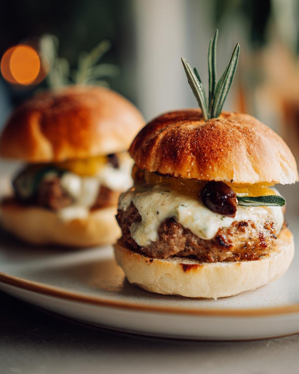 Close-up of Halloween Kürbis-förmige Sliders with cheese, olive, and rosemary garnish.