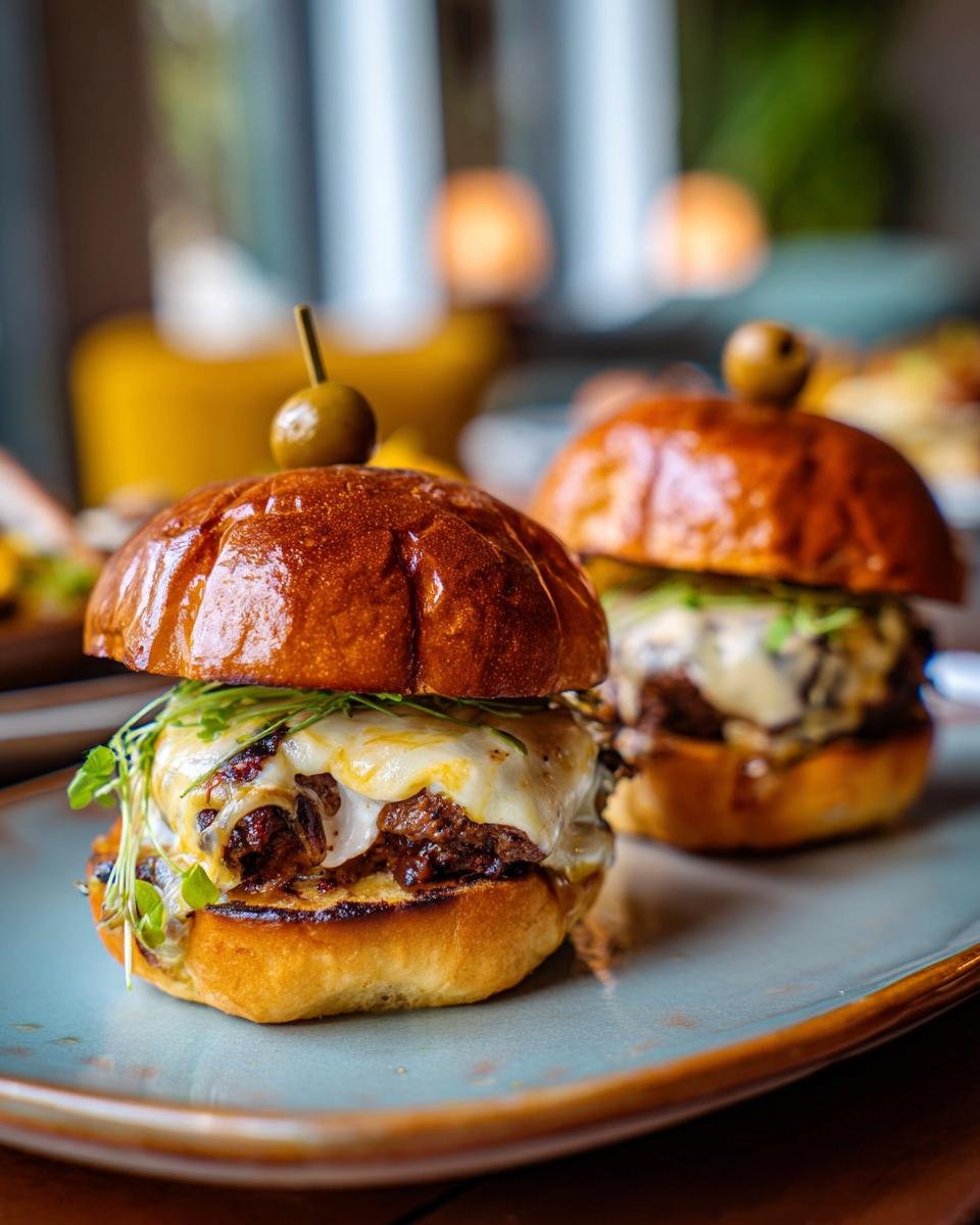 Zwei Halloween Kürbis-förmige Sliders mit Käse und Olive auf einem Teller. Perfekt für Ihre Party!
