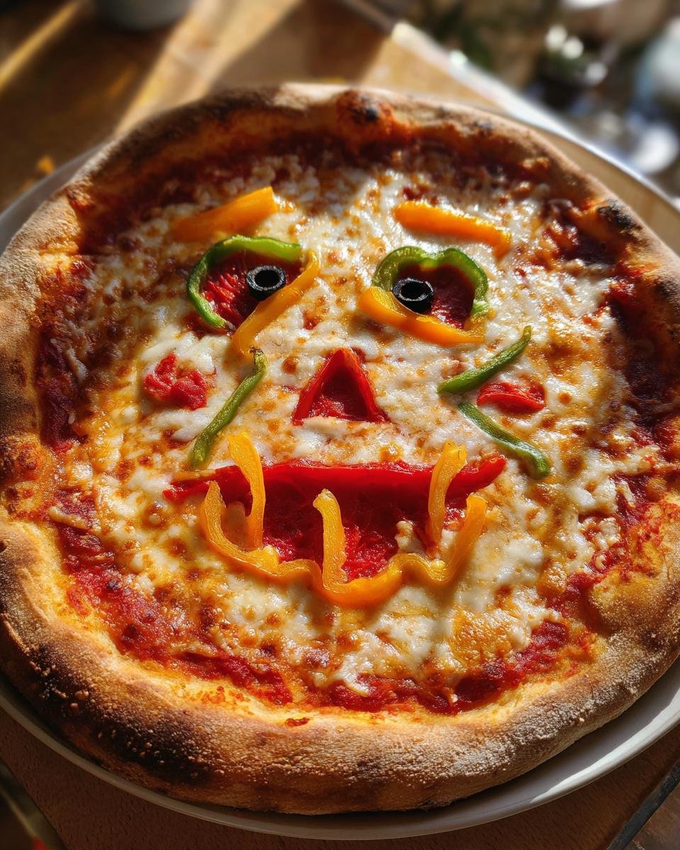 Overhead view of a Halloween Margherita Pizza decorated with a pepper face.