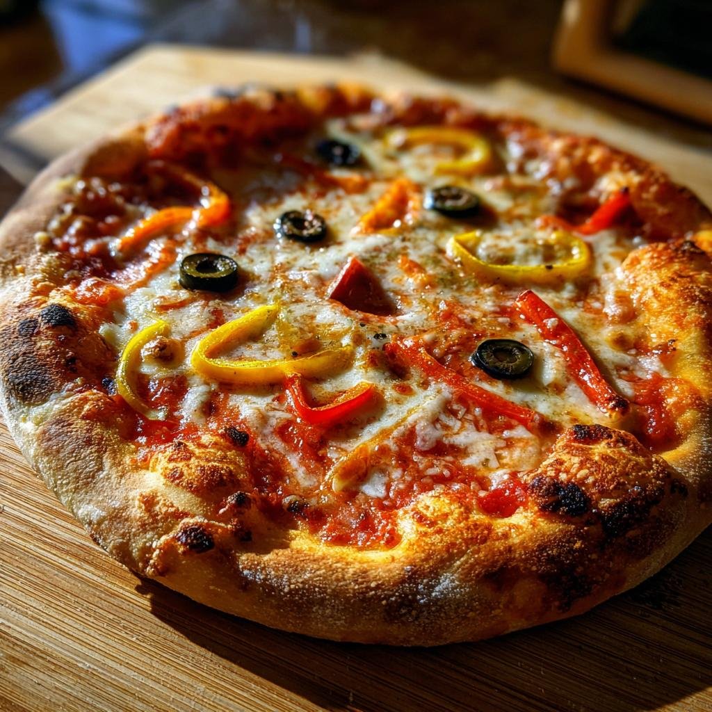 Overhead view of a Halloween Margherita Pizza: Einfach & Gruselig lecker! with peppers and olives.