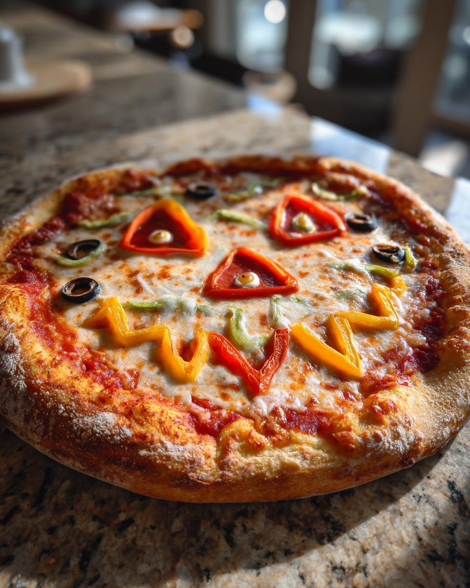 Overhead shot of a Halloween Margherita Pizza decorated with a jack-o'-lantern face using peppers and olives.