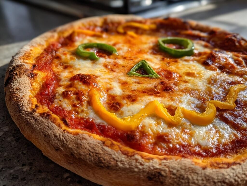 A fun Halloween Margherita Pizza decorated with bell peppers to resemble a spooky face.