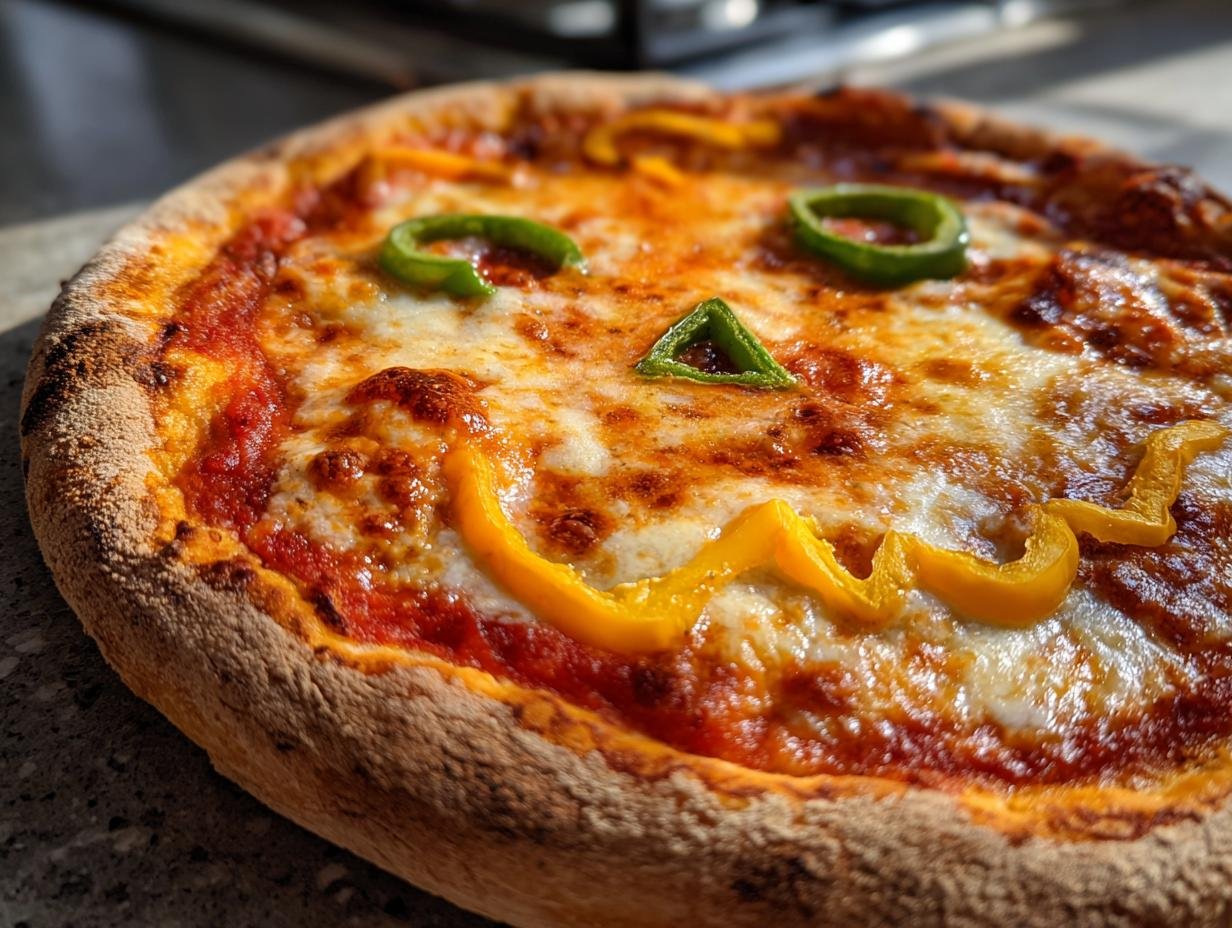 A fun Halloween Margherita Pizza decorated with bell peppers to resemble a spooky face.