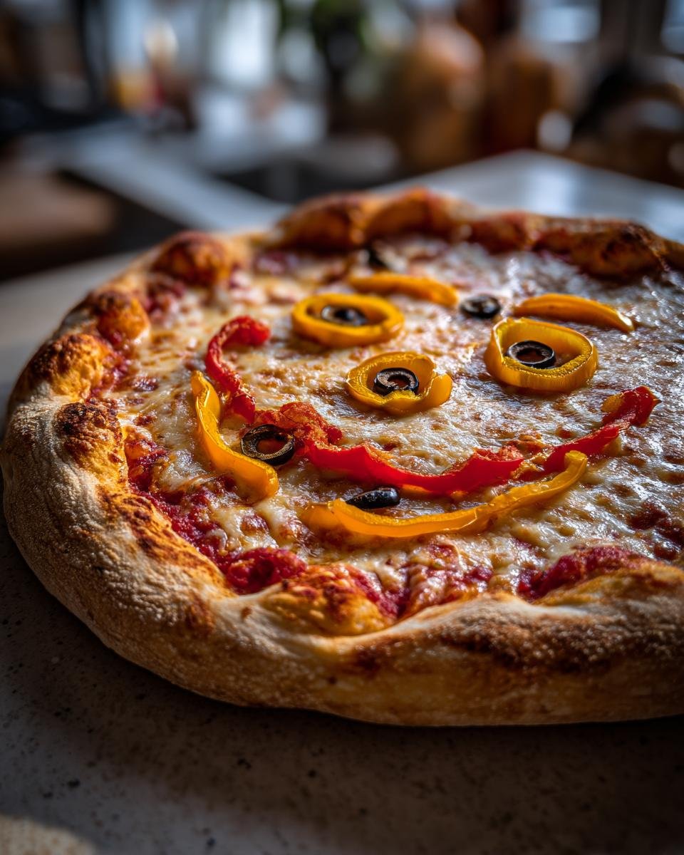 Overhead view of a Halloween Margherita Pizza decorated with a smiley face made of peppers and olives.
