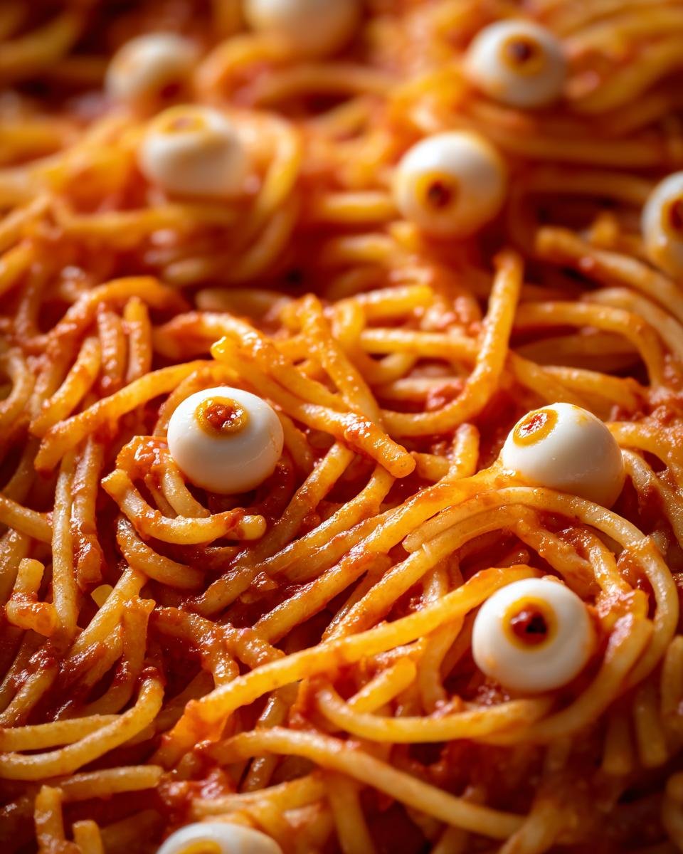 Close-up of Gruselig leckere Halloween Pasta mit Mozzarella-Augäpfeln. Spaghetti with tomato sauce and mozzarella eyeballs.