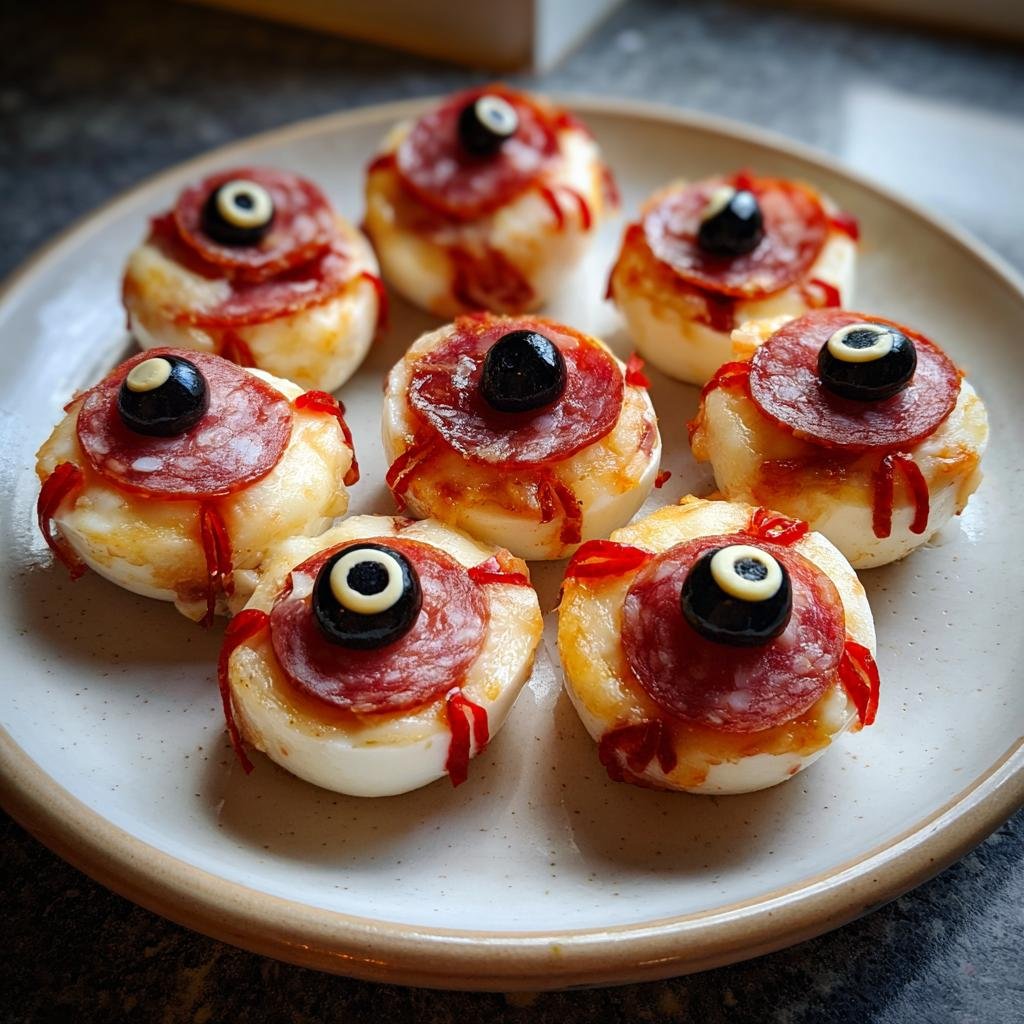 Plate of Halloween Salami-Mozzarella-Augen appetizers, a spooky and simple recipe.