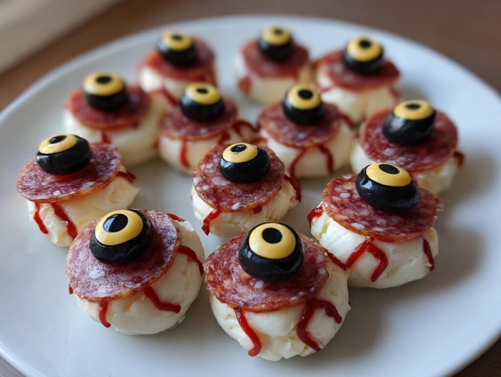 Halloween Salami-Mozzarella-Augen: Easy and spooky recipe. Appetizers with mozzarella, salami, olive.