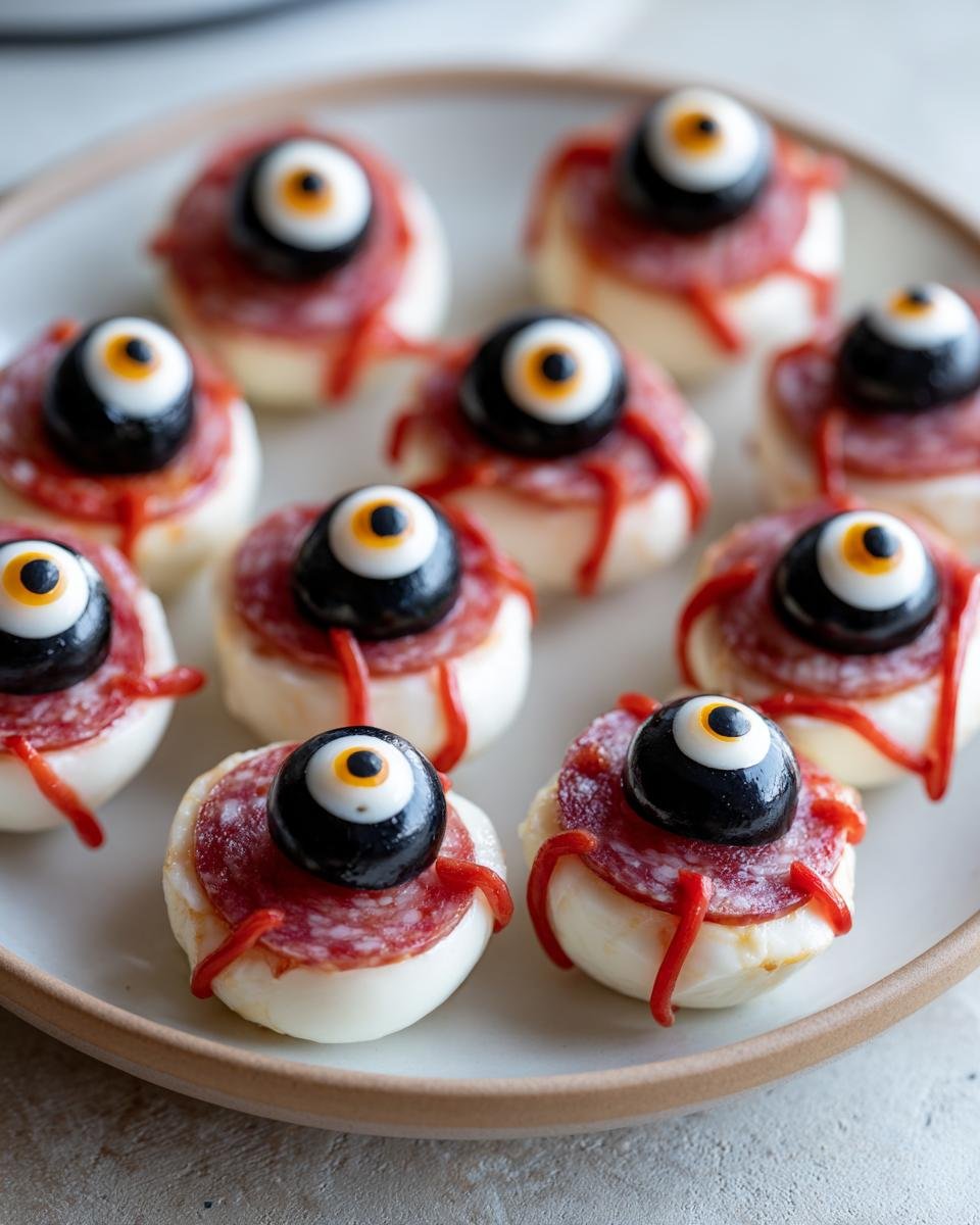Plate of Halloween Salami-Mozzarella-Augen: spooky appetizer recipe.