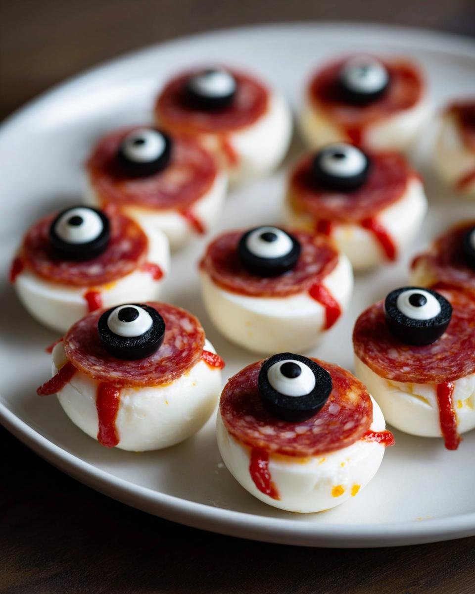 Close-up of Halloween Salami-Mozzarella-Augen: a spooky appetizer with mozzarella, salami, olive, and ketchup.