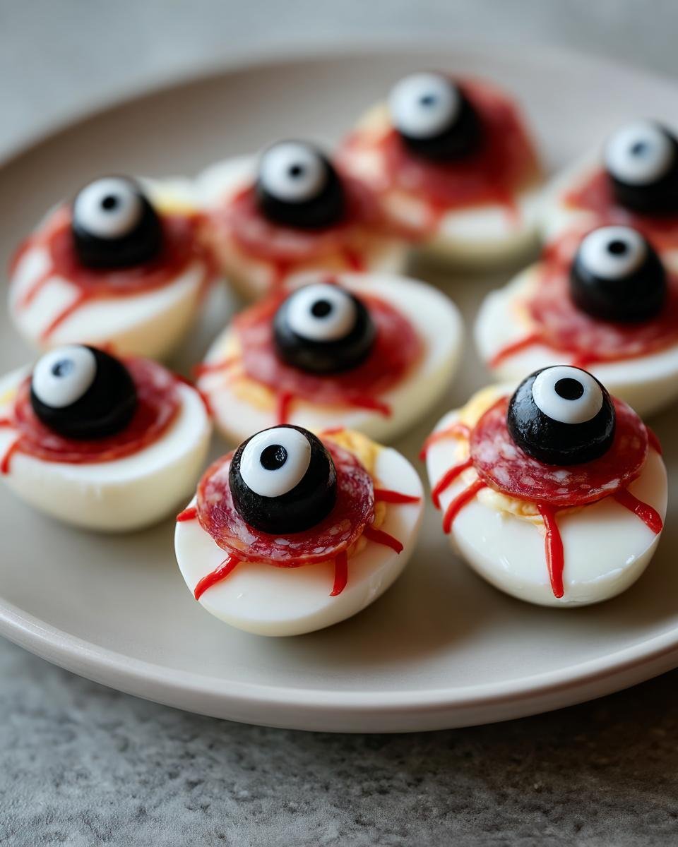 Halloween Salami-Mozzarella-Augen: Hard-boiled eggs decorated as spooky eyeballs with salami, mozzarella, and olive pupils.