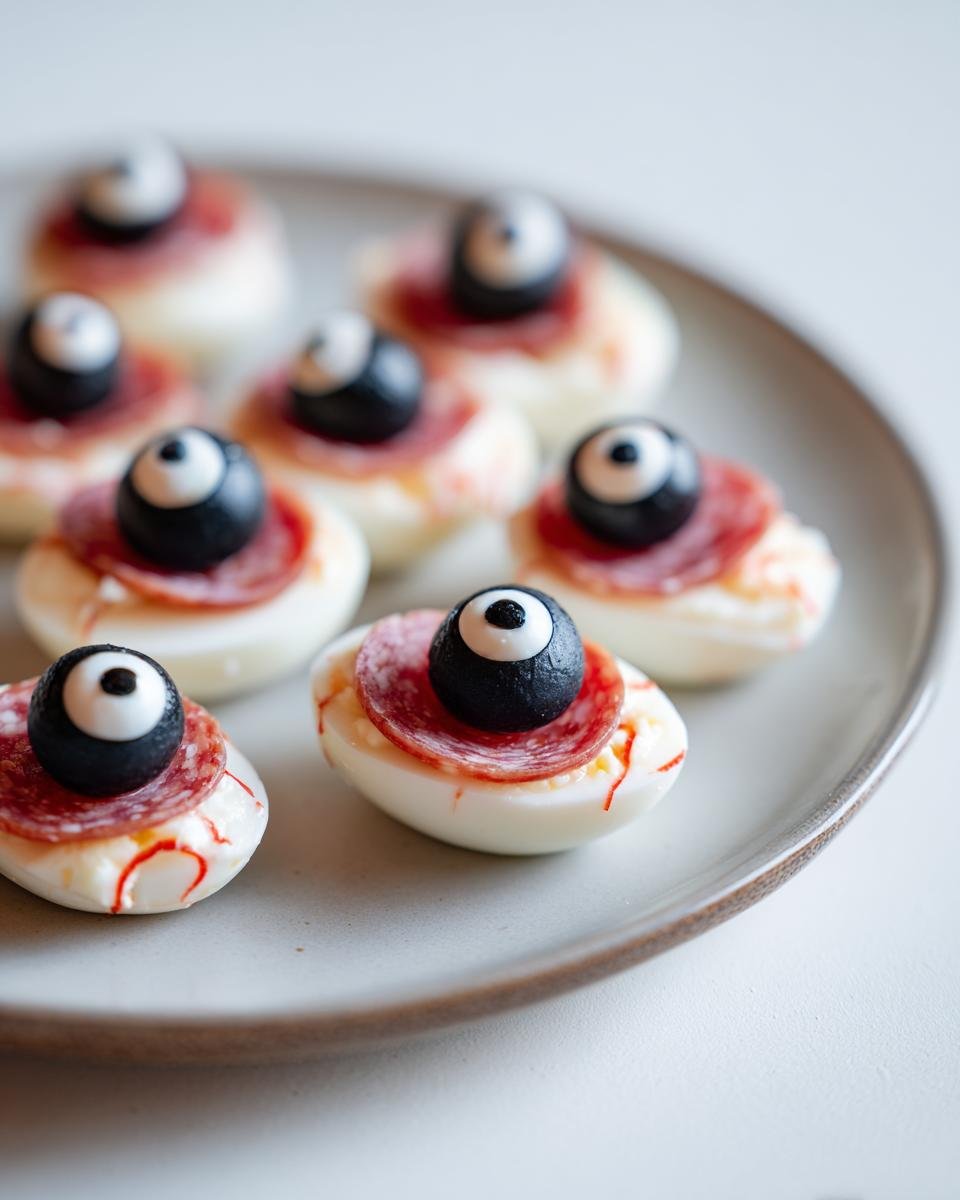 Close-up of Halloween Salami-Mozzarella-Augen, a spooky appetizer with salami, mozzarella, and olive 'eye'.