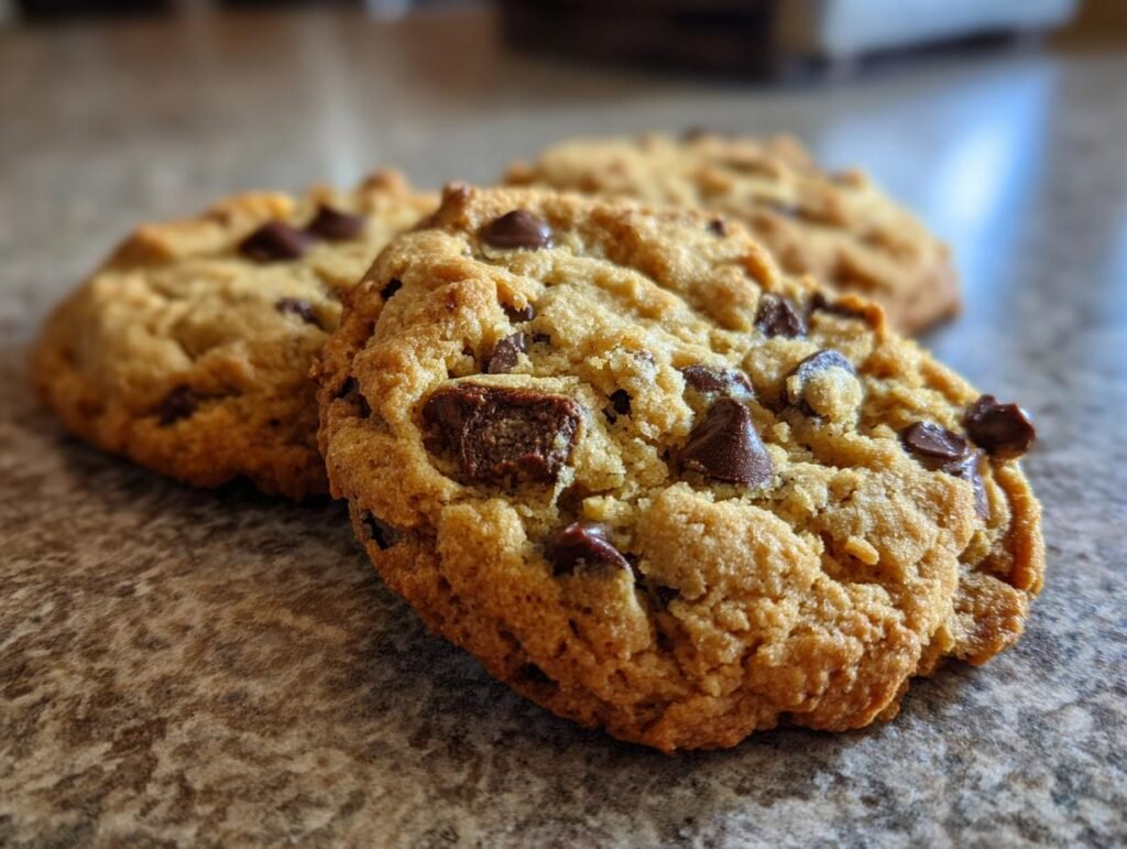 Close-up of Haselnusskekse mit Schokolade, showing chocolate chips and hazelnut texture.