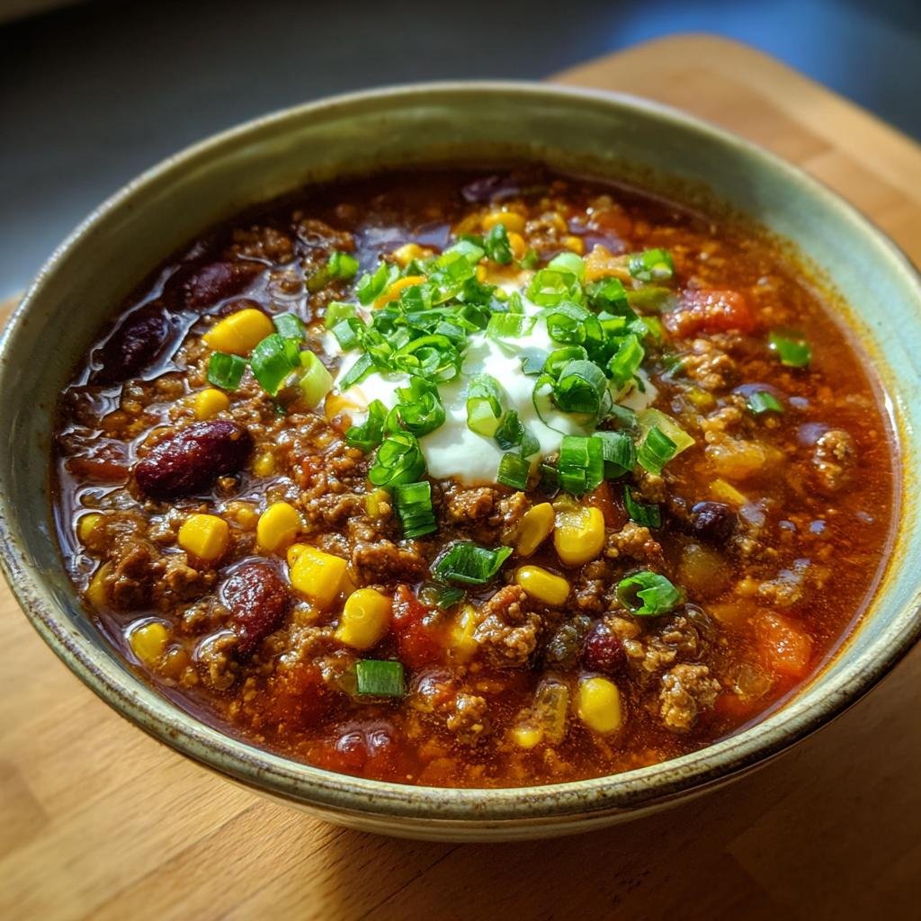 Bowl of Herzhafte Chili con Carne Suppe topped with sour cream and chives.
