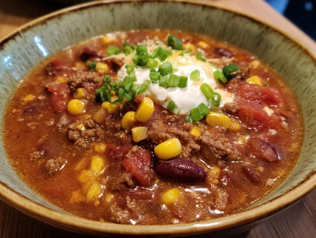 Bowl of Herzhafte Chili con Carne Suppe topped with sour cream and green onions.