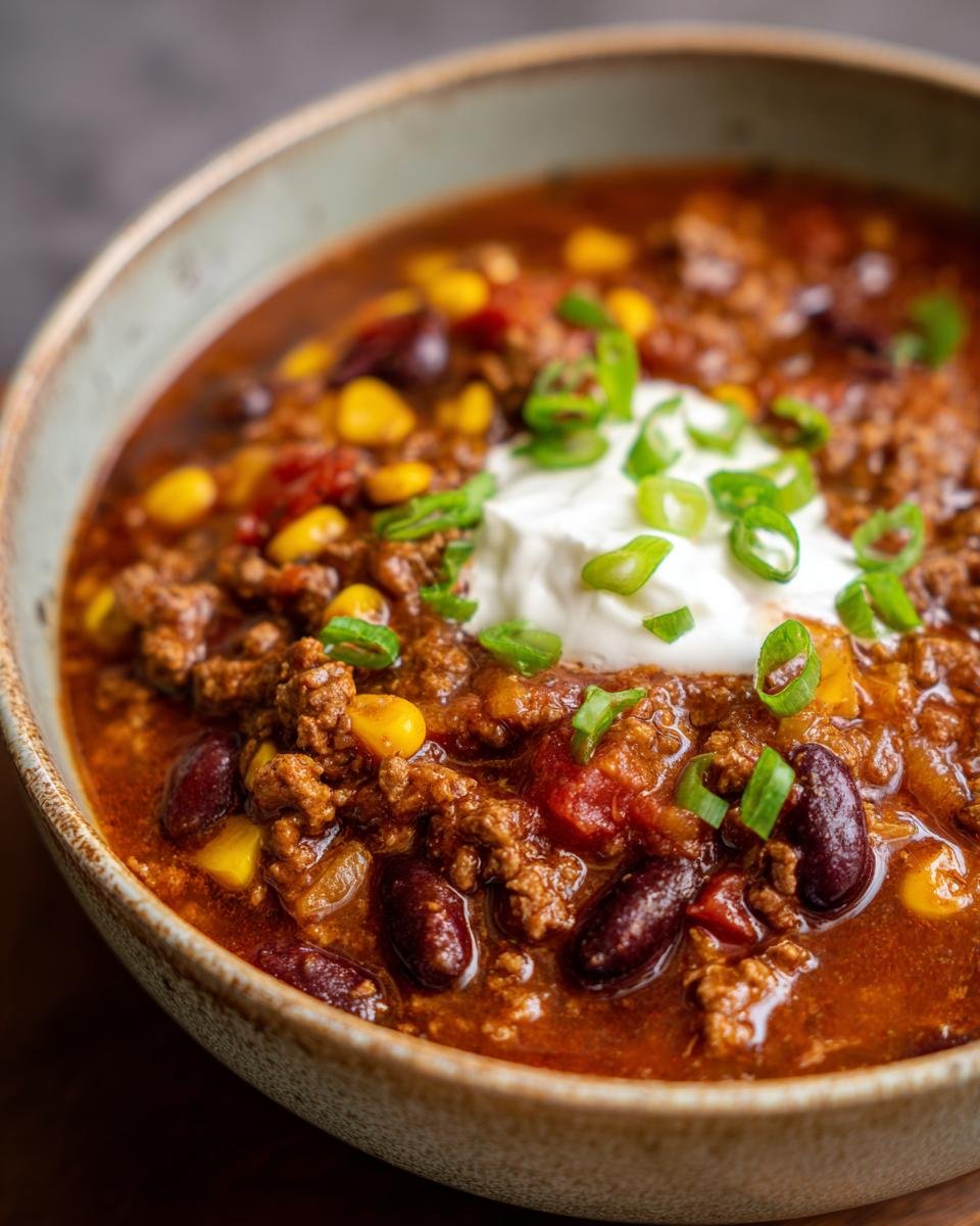 Bowl of Herzhafte Chili con Carne Suppe topped with sour cream and green onions. Close-up view.