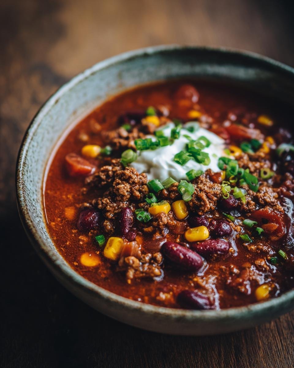 Bowl of Herzhafte Chili con Carne Suppe topped with sour cream and chives, showcasing beans, corn, and ground meat.