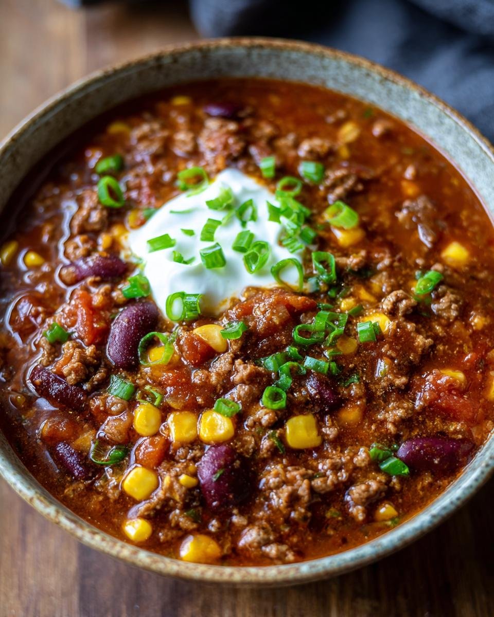 Bowl of herzhafte Chili con Carne Suppe topped with sour cream and chives.