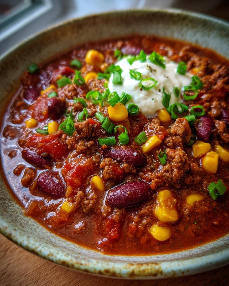 A bowl of Herzhafte Chili con Carne Suppe topped with sour cream and green onions.