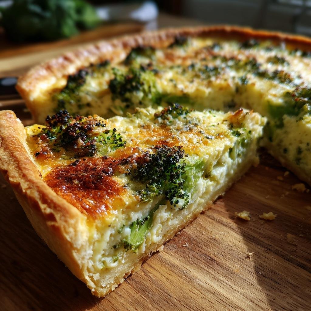 A slice of herzhafte Quiche mit Brokkoli und Käse on a wooden board, showcasing the cheesy filling and broccoli.
