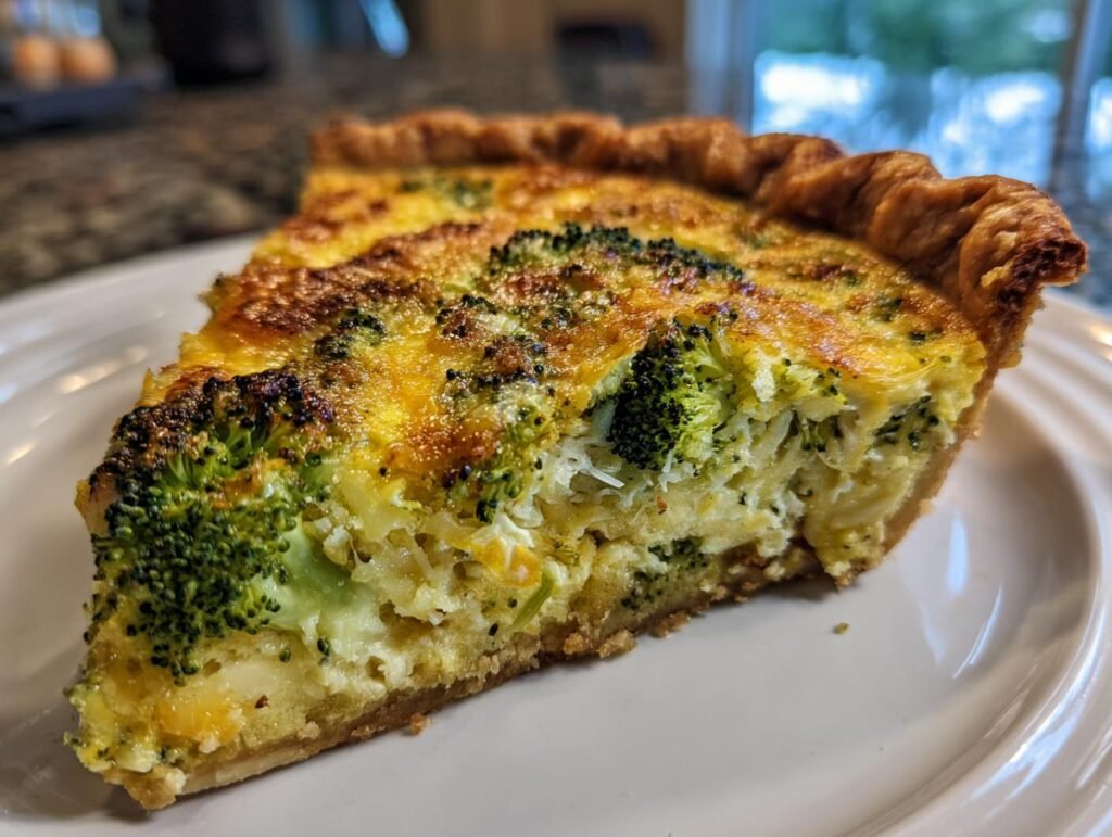 A slice of Herzhafte Quiche mit Brokkoli und Käse on a white plate, showcasing the broccoli and cheese filling.